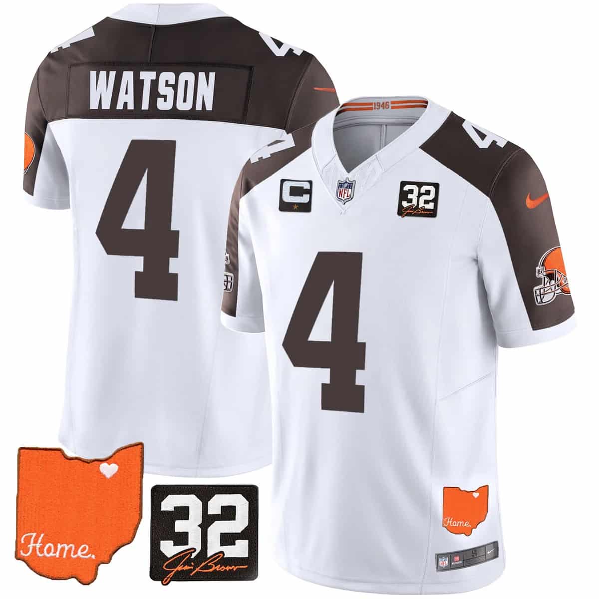 Men's Browns #32 Jim Brown Memorial & Home Patch Vapor Limited Jersey - All Stitched Deshaun Watson #4