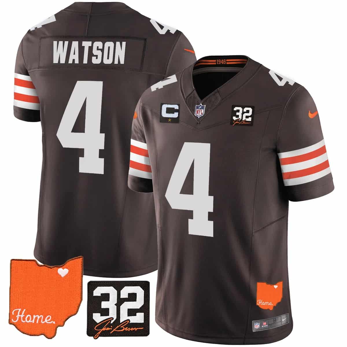 Men's Browns #32 Jim Brown Memorial & Home Patch Vapor Limited Jersey - All Stitched Deshaun Watson  4