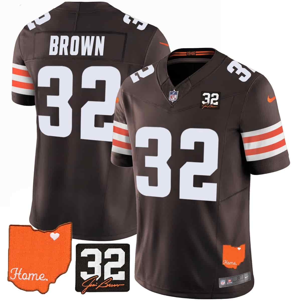 Men's Browns #32 Jim Brown Memorial & Home Patch Vapor Limited Jersey - All Stitched Jim Brown 32