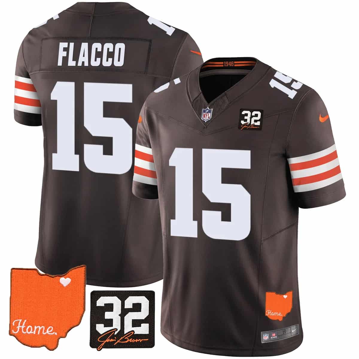 Men's Browns #32 Jim Brown Memorial & Home Patch Vapor Limited Jersey - All Stitched Joe Flacco 15