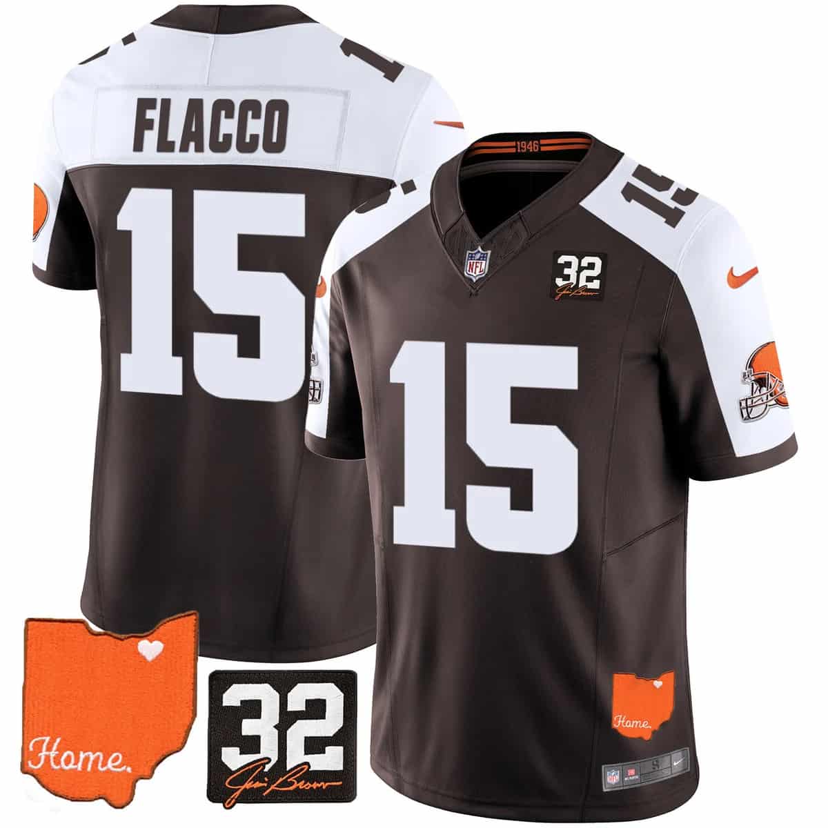 Men's Browns #32 Jim Brown Memorial & Home Patch Vapor Limited Jersey - All Stitched Joe Flacco