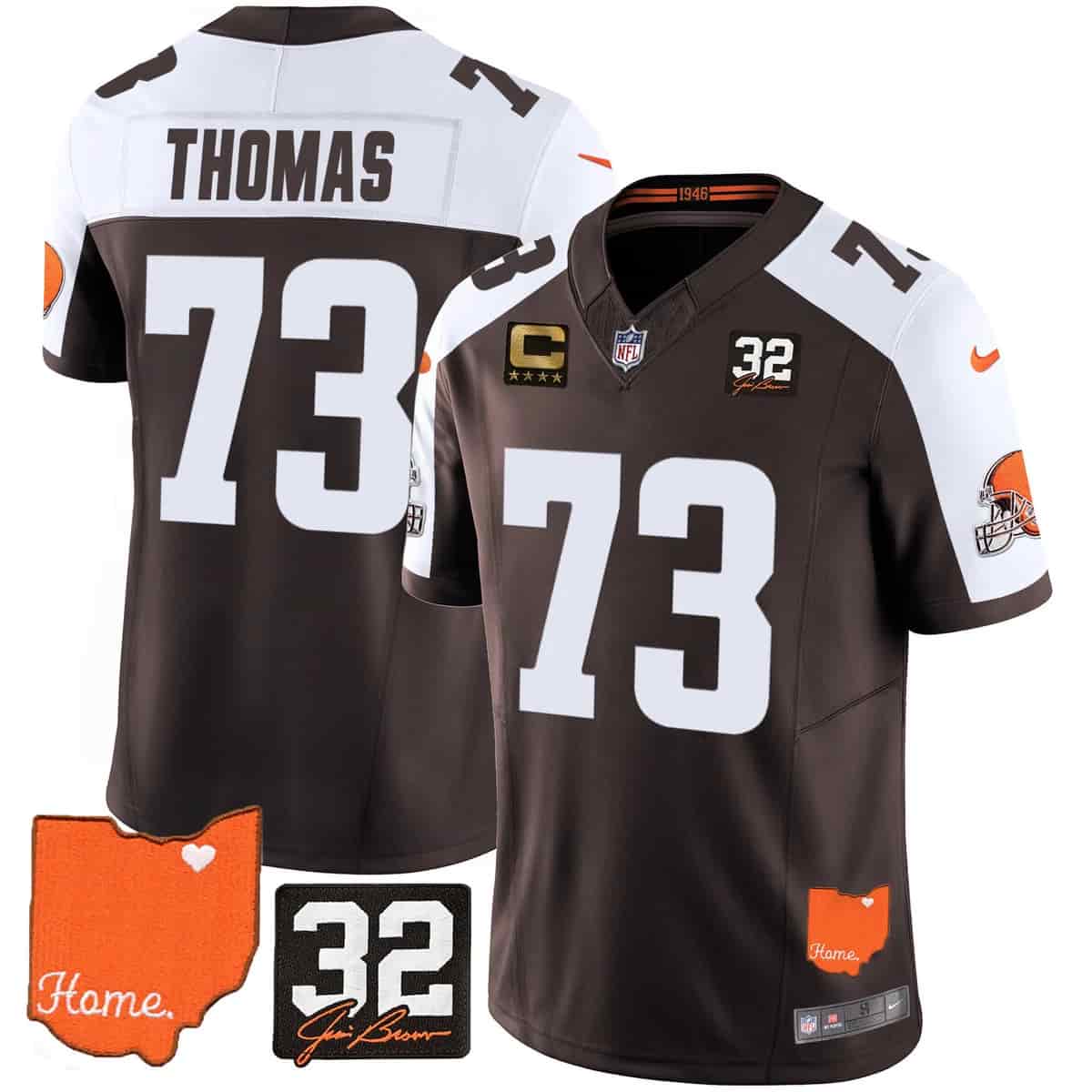 Men's Browns #32 Jim Brown Memorial & Home Patch Vapor Limited Jersey - All Stitched Joe Thomas