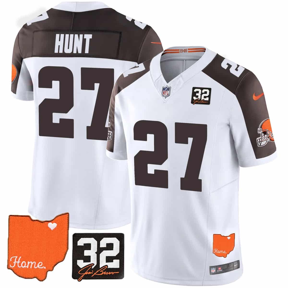 Men's Browns #32 Jim Brown Memorial & Home Patch Vapor Limited Jersey - All Stitched Kareem Hunt #27