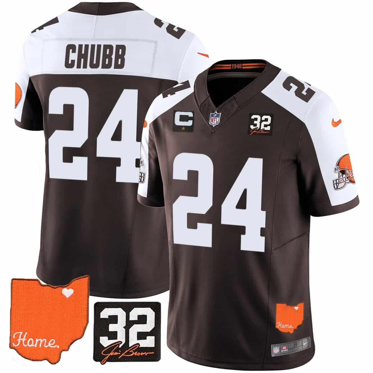 Men's Browns #32 Jim Brown Memorial & Home Patch Vapor Limited Jersey - All Stitched Nick Chubb