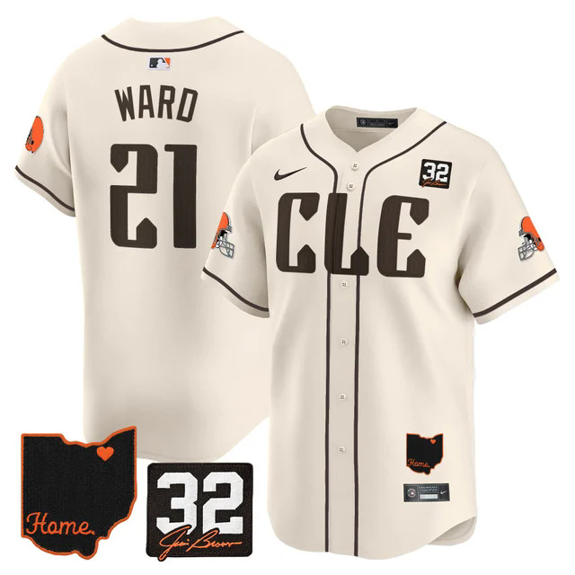 Men's Browns #32 Jim Brown Memorial & Home Patch Vapor Premier Limited Jersey CREAM #21 DENZEL WARD.webp