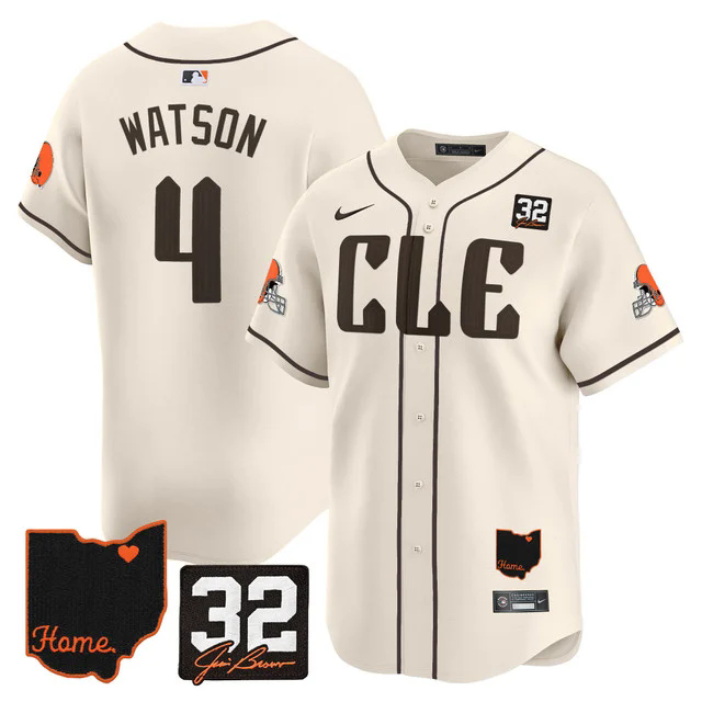 Men's Browns #32 Jim Brown Memorial & Home Patch Vapor Premier Limited Jersey CREAM #4 DESHAUN WASTON.webp