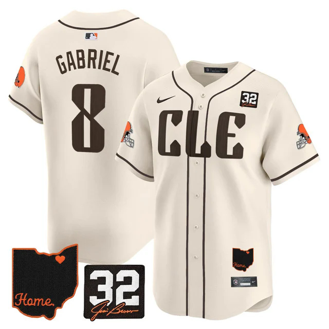 Men's Browns #32 Jim Brown Memorial & Home Patch Vapor Premier Limited Jersey CREAM #8 DILLON GABRIEL.webp