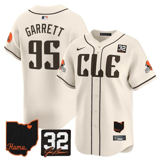Men's Browns #32 Jim Brown Memorial & Home Patch Vapor Premier Limited Jersey CREAM #95 MYLES GARRETT.webp