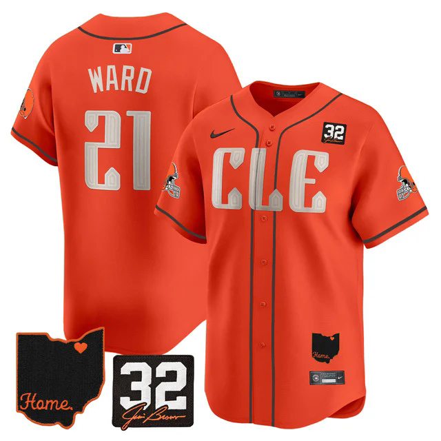 Men's Browns #32 Jim Brown Memorial & Home Patch Vapor Premier Limited Jersey ORANGE #21 DENZEL WARD.webp