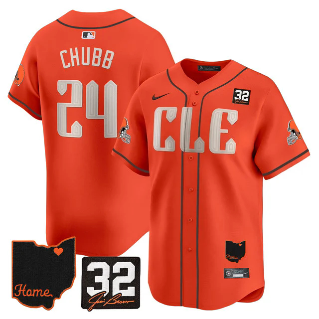 Men's Browns #32 Jim Brown Memorial & Home Patch Vapor Premier Limited Jersey ORANGE #24 NICK CHUBB.webp