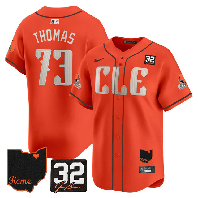 Men's Browns #32 Jim Brown Memorial & Home Patch Vapor Premier Limited Jersey ORANGE #73 JOE THOMAS.webp