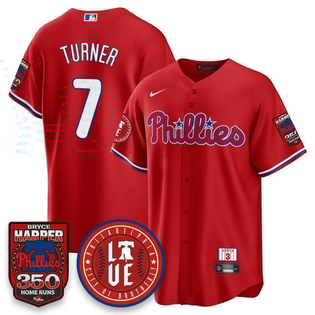 Men's Bryce Harper Philadelphia Phillies 350 Home Runs Jersey red #7 Trea Turner