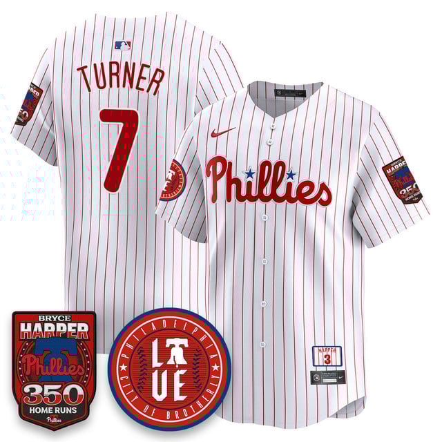 Men's Bryce Harper Philadelphia Phillies 350 Home Runs Jersey white #7 Trea Turner
