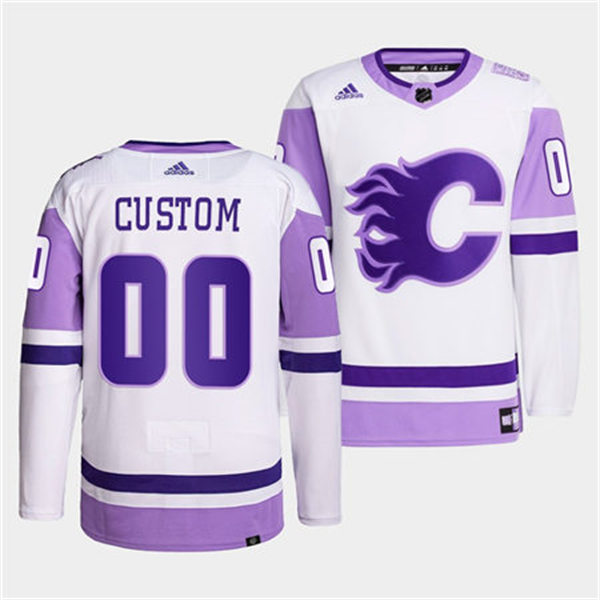 Men's Calgary Flames Custom 2022 White Purple Hockey Fights Cancer Primegreen Jersey Stitched