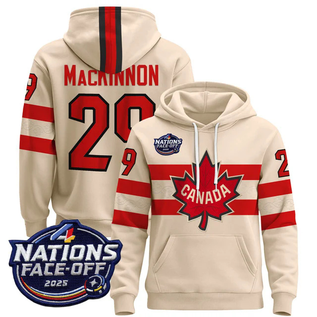 Men's Canada 4 Nations Face-Off 2025 Pullover Hoodie WHITE #29 MacKINNON.webp