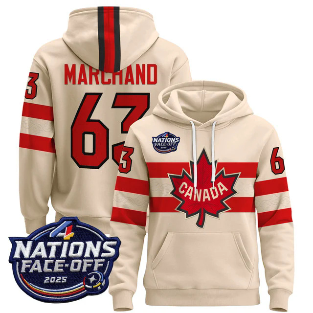 Men's Canada 4 Nations Face-Off 2025 Pullover Hoodie WHITE #63 MARCHAND.webp