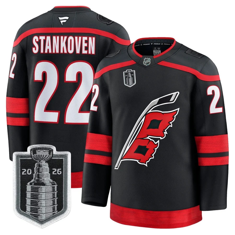 Men's Carolina Hurricanes 2026 Stanley Cup Patch Premium Jersey BLACK #22 LOGAN STANKOVEN