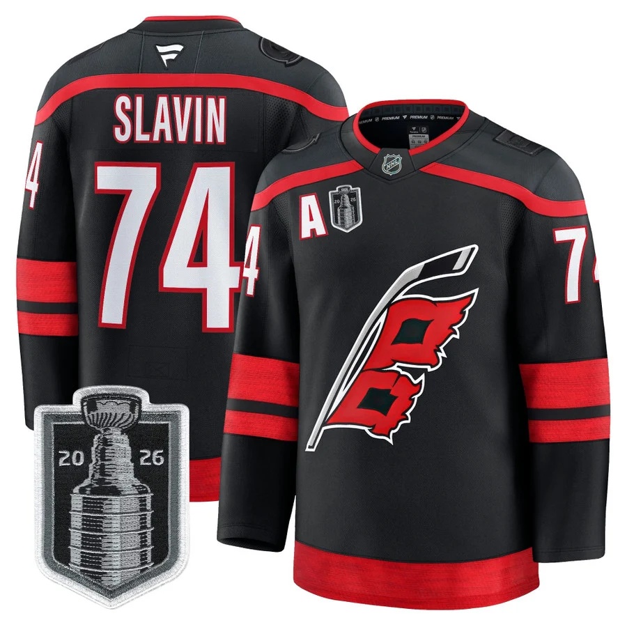 Men's Carolina Hurricanes 2026 Stanley Cup Patch Premium Jersey BLACK #74 JACCOB SLAVIN