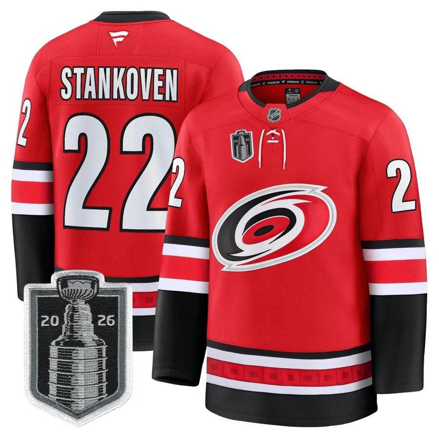 Men's Carolina Hurricanes 2026 Stanley Cup Patch Premium Jersey RED #22 LOGAN STANKOVEN