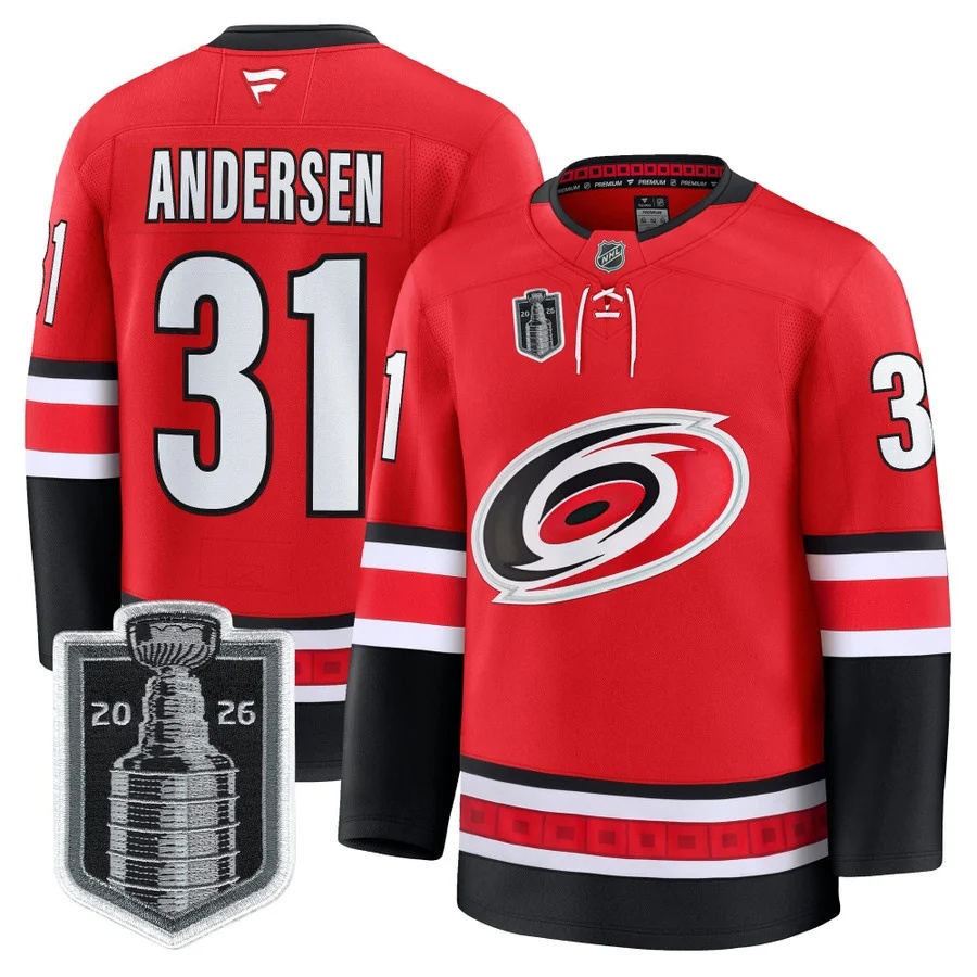 Men's Carolina Hurricanes 2026 Stanley Cup Patch Premium Jersey RED #31 FREDERIK ANDERSEN