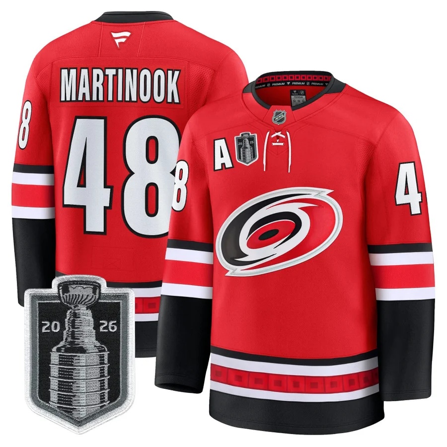 Men's Carolina Hurricanes 2026 Stanley Cup Patch Premium Jersey RED #48 JORDAN MARTINOOK