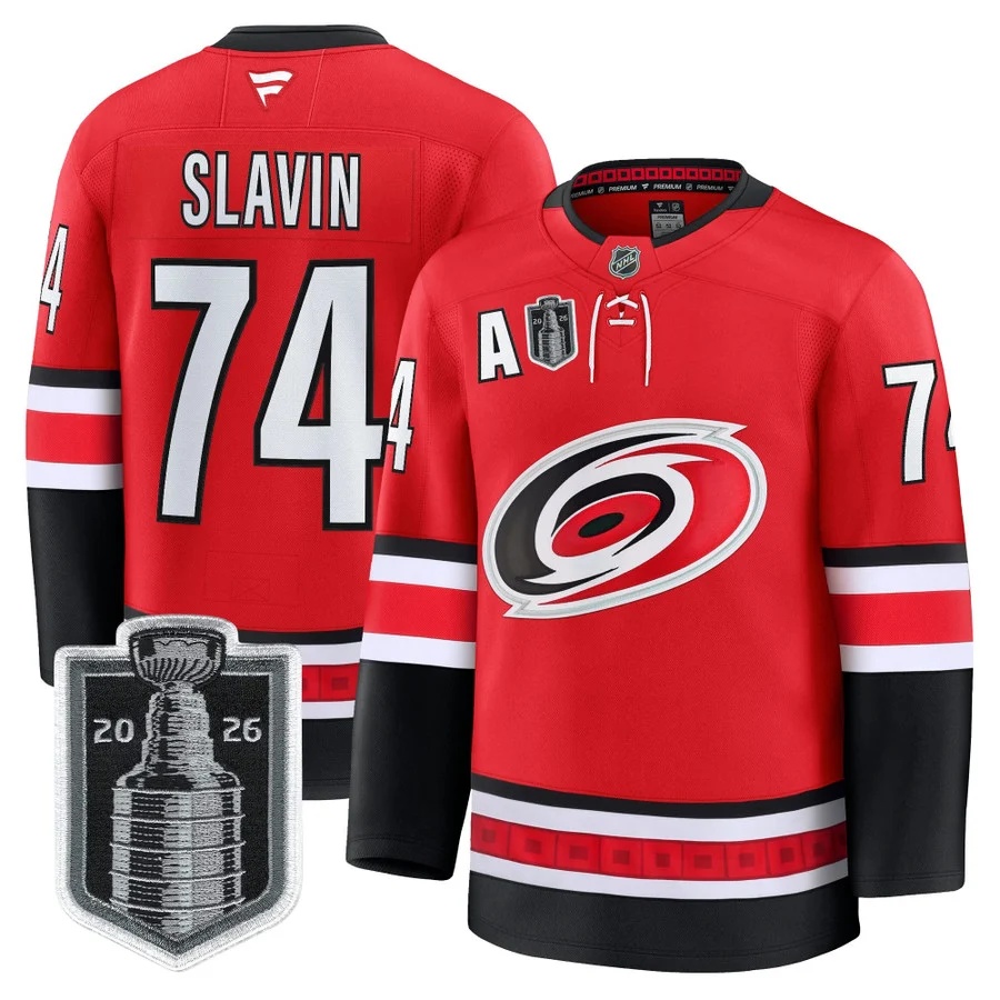 Men's Carolina Hurricanes 2026 Stanley Cup Patch Premium Jersey RED #74 JACCOB SLAVIN