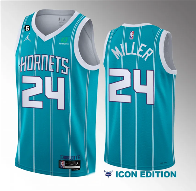 Men's Charlotte Hornets #24 Brandon Miller Blue 6 Patch Sponsor 2023 Icon Edition Stitched Jersey