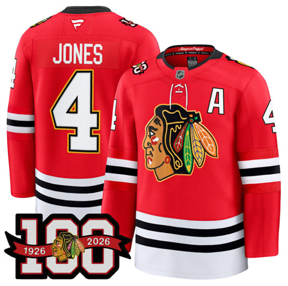 Men's Chicago Blackhawks #4 Seth Jones Red 2025 Home 100th Anniversary With A Patch Stitched Hockey Jersey