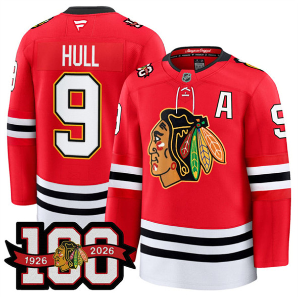 Men's Chicago Blackhawks #9 Bobby Hull Red 2025 Home 100th Anniversary Stitched Hockey Jersey