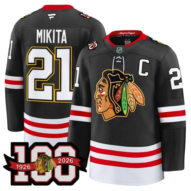 Men's Chicago Blackhawks 100th Anniversary Premium Jersey BLACK#21 STAN MIKITA.webp