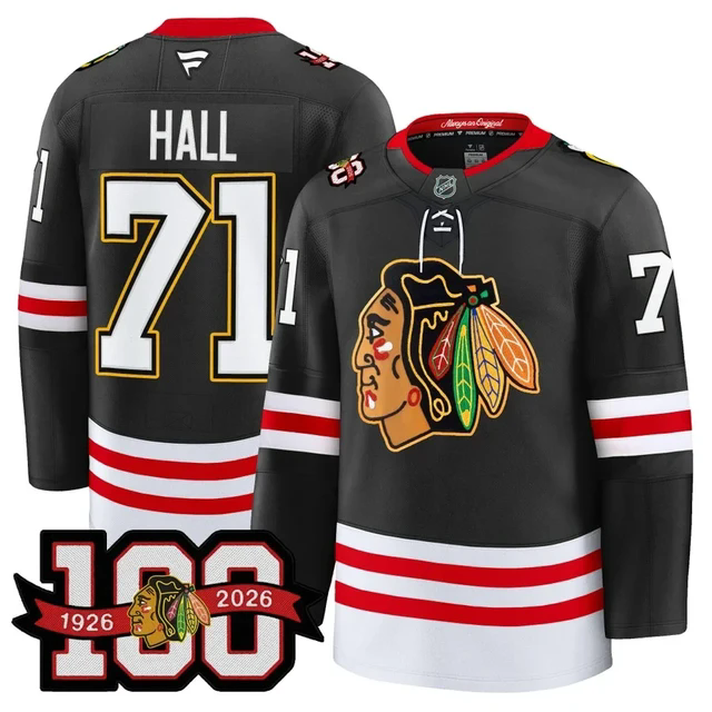 Men's Chicago Blackhawks 100th Anniversary Premium Jersey BLACK#71 TAYLOR HALL.webp
