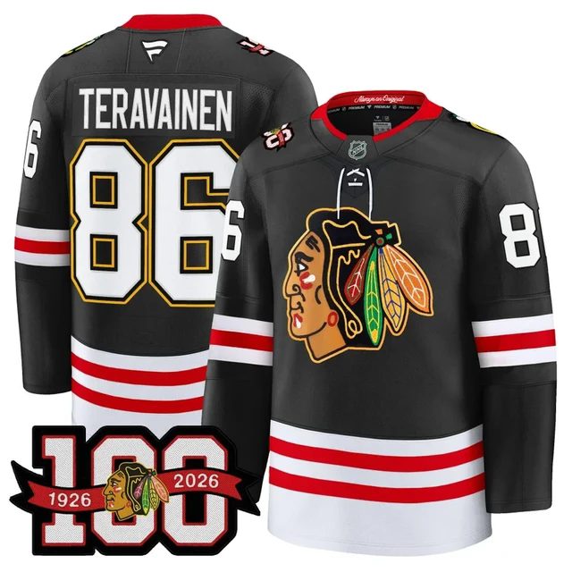 Men's Chicago Blackhawks 100th Anniversary Premium Jersey BLACK#86 TEUVO TERAVAINEN.webp