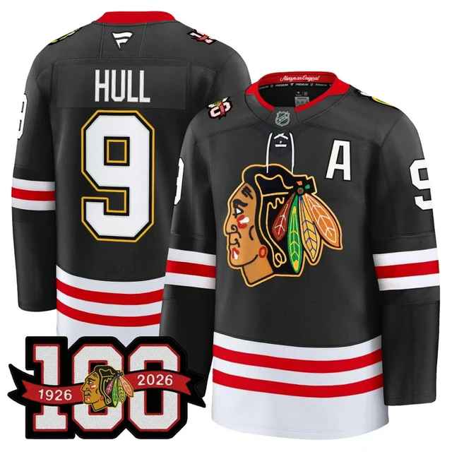Men's Chicago Blackhawks 100th Anniversary Premium Jersey BLACK#9 BOBBY HULL.webp