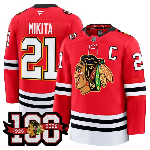 Men's Chicago Blackhawks 100th Anniversary Premium Jersey RED#21 STAN MIKITA