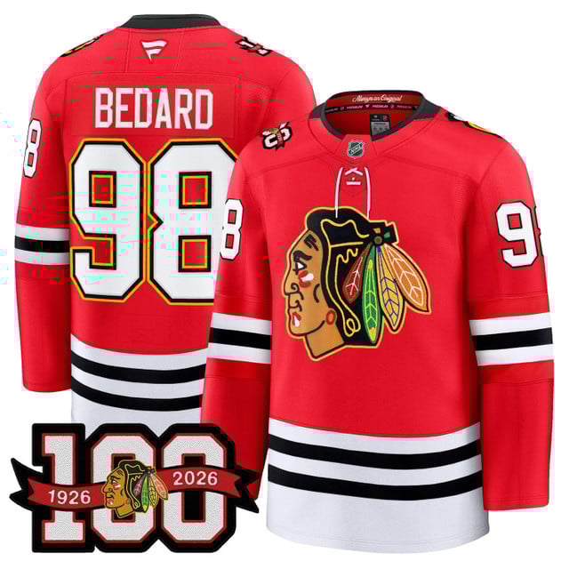 Men's Chicago Blackhawks 100th Anniversary Premium Jersey RED#98 CONNOR BEDARD