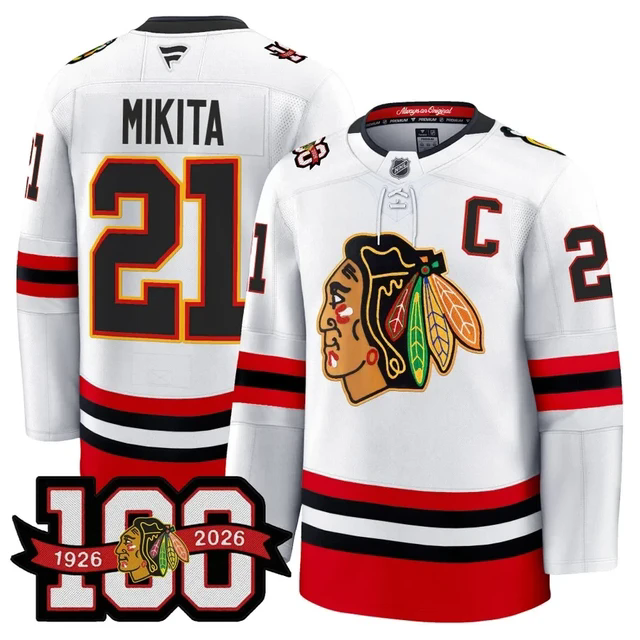 Men's Chicago Blackhawks 100th Anniversary Premium Jersey WHITE#21 STAN MIKITA.webp