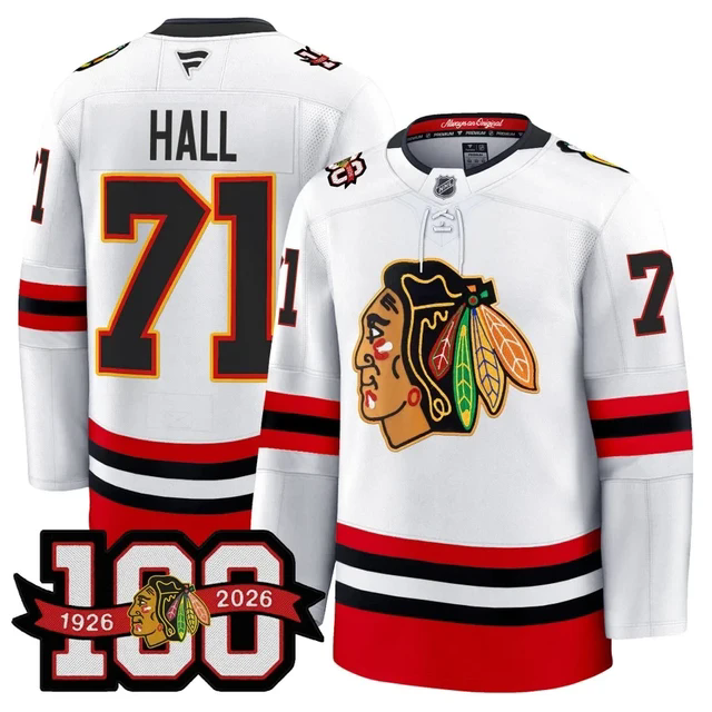 Men's Chicago Blackhawks 100th Anniversary Premium Jersey WHITE#71 TAYLOR HALL.webp