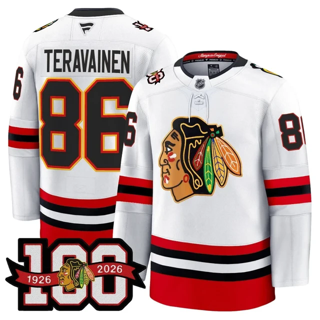 Men's Chicago Blackhawks 100th Anniversary Premium Jersey WHITE#86 TEUVO TERAVAINEN.webp