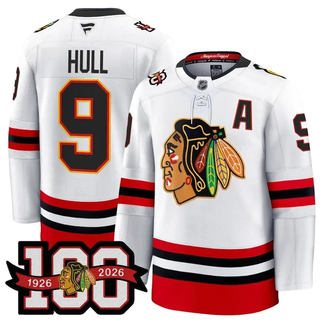 Men's Chicago Blackhawks 100th Anniversary Premium Jersey WHITE#9 BOBBY HULL.webp
