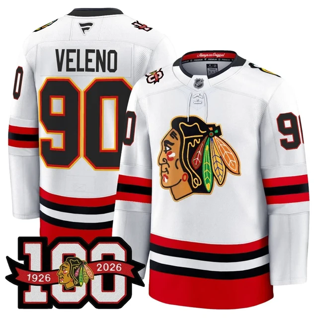 Men's Chicago Blackhawks 100th Anniversary Premium Jersey WHITE#90 JOE VELENO.webp