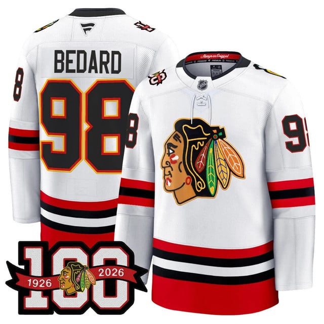 Men's Chicago Blackhawks 100th Anniversary Premium Jersey WHITE#98 CONNOR BEDARD