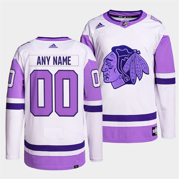 Men's Chicago Blackhawks Custom 2021-22 White Purple Hockey Fights Cancer Primegreen Jersey Stitched