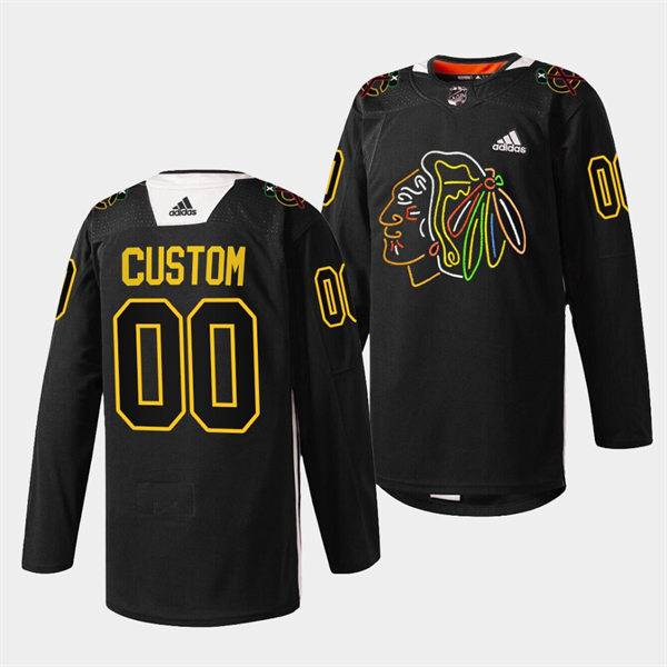 Men's Chicago Blackhawks Custom Black Warm-Up 2021-22 Foundation Night Jersey Stitched