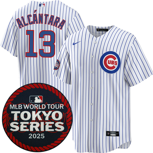 Men's Chicago Cubs #13 Kevin Alc??ntara White 2025 World Tour Tokyo Series Home Stitched Baseball Jersey