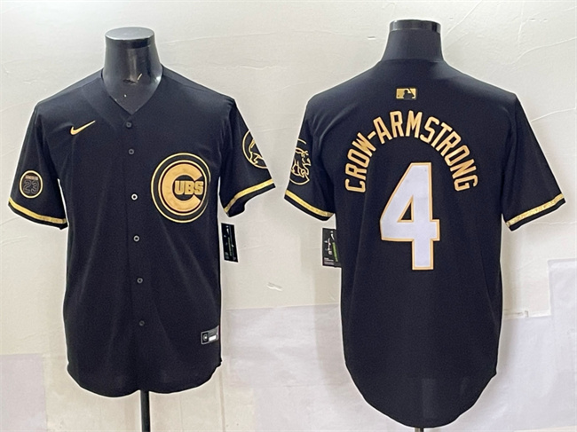 Men's Chicago Cubs #4 Pete Crow-Armstrong Black Gold 'Ryne Sandberg Tribute' Vapor Limited V2 Stitched Baseball Jersey