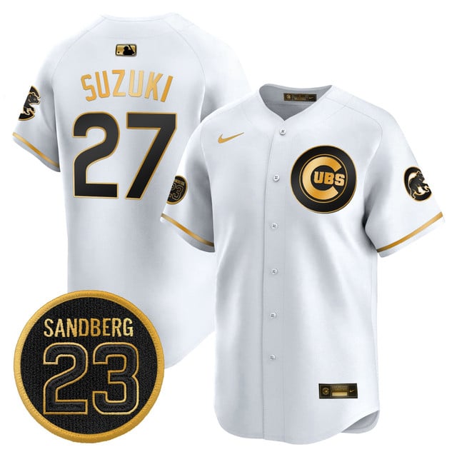 Men's Chicago Cubs 'Ryne Sandberg Tribute' Vapor Premier Limited Jersey V2 white gold #27 Seiya Suzuki