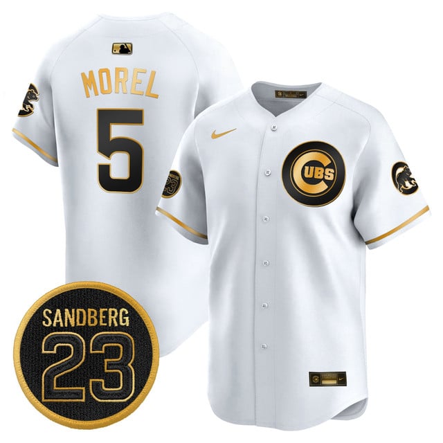 Men's Chicago Cubs 'Ryne Sandberg Tribute' Vapor Premier Limited Jersey V2 white gold #5 Christopher Morel