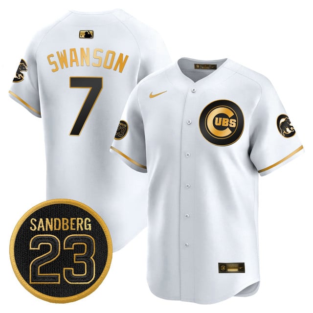Men's Chicago Cubs 'Ryne Sandberg Tribute' Vapor Premier Limited Jersey V2 white gold #7 Dansby Swanson