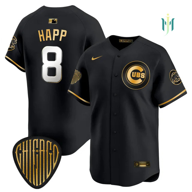 Men's Chicago Cubs 2025 Vapor Premier Limited Jersey BLACK GOLD #8 IAN HAPP.webp