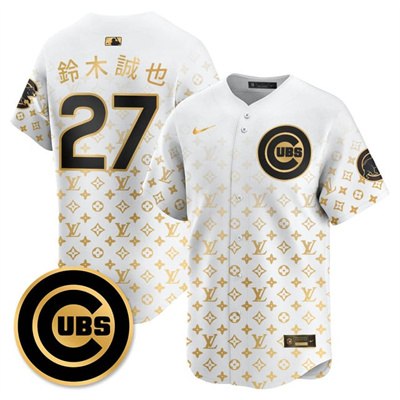 Men's Chicago Cubs Luxury Jersey white gold #27 Seiya Suzuki (kanji)